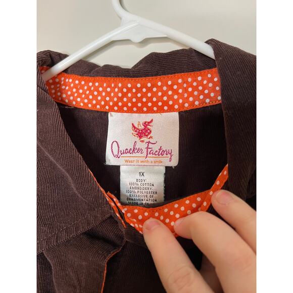 1990s Quacker Factory Brown Corduroy Fall Leaves Harvest Button Up Shirt 1X - Picture 2 of 5